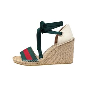 Gucci Lilibeth Sylvie Web Espadrille Wedge Sandals Green Red Stripe 41 | 10.5